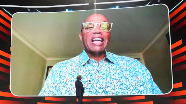 Charles Barkley speaks with NHL Commissioner Gary Bettman before announcing the sixth overall pick of the 2025 NHL Draft Charles Barkley speaks with NHL Commissioner Gary Bettman before announcing the sixth overall pick of the 2025 NHL Draft