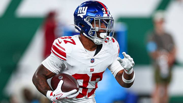 Aug 28, 2026; East Rutherford, New Jersey, USA; New York Giants running back Damon Bankston (37) carries the ball during the second half against the New York Jets at MetLife Stadium. Mandatory Credit: Vincent Carchietta-Imagn Images