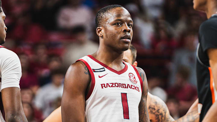 Arkansas Razorbacks guard Johnell Davis on the court against the Pacific Tigers at Bud Walton Arena in Fayetteville, Ark. Arkansas Razorbacks guard Johnell Davis on the court against the Pacific Tigers at Bud Walton Arena in Fayetteville, Ark.