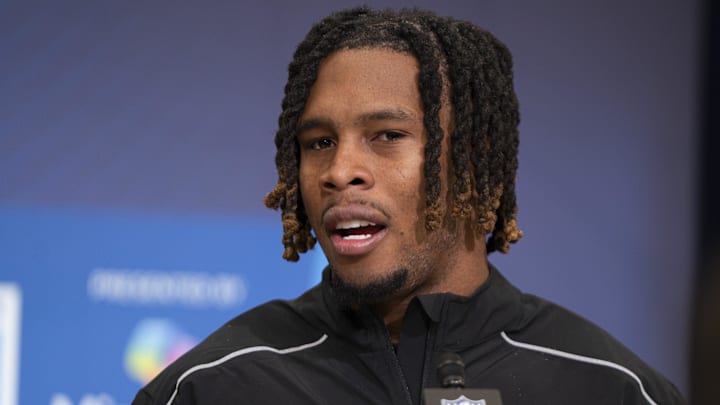 Feb 26, 2026; Indianapolis, IN, USA; Arizona State defensive back Keith Abney II (DB01) speaks to members of the media during the NFL Combine at the Indiana Convention Center. Mandatory Credit: Jacob Musselman-Imagn Images