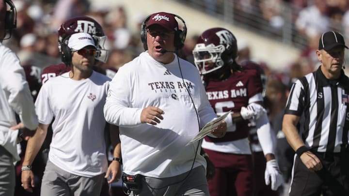 Texas A&M Aggies head coach Mike Elko on the sideline during the second quarter against the South Carolina Gamecocks.