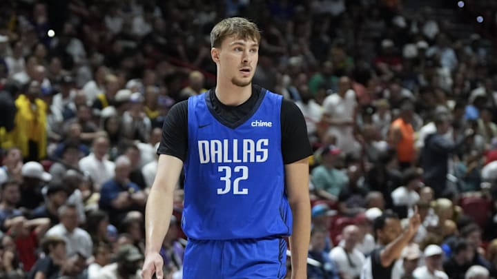 Jul 12, 2025; Las Vegas, NV, USA; Dallas Mavericks forward Cooper Flagg (32) looks on during the first quarter of their game against the San Antonio Spurs at Thomas & Mack Center. Mandatory Credit: Candice Ward-Imagn Images