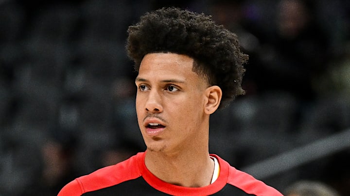 Jalen Johnson #1 of the Atlanta Hawks warms up before facing the Detroit Pistons.