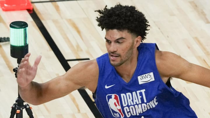 May 12, 2026; Chicago, IL, USA; Cameron Boozer participates in the 2026 NBA Draft Combine at Wintrust Arena. Mandatory Credit: David Banks-Imagn Images