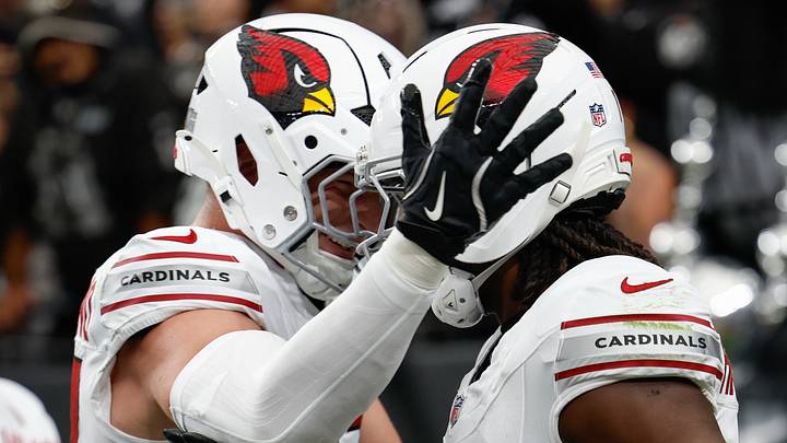 Aug 13, 2026; Paradise, Nevada, USA; Arizona Cardinals wide receiver Marvin Harrison Jr. (18) celebrates with tight end Teagan Quitoriano (47) after catching a touchdown pass during the first quarter of a preseason game against the Las Vegas Raiders at Allegiant Stadium. Mandatory Credit: David Brytus-Imagn Images Aug 13, 2026; Paradise, Nevada, USA; Arizona Cardinals wide receiver Marvin Harrison Jr. (18) celebrates with tight end Teagan Quitoriano (47) after catching a touchdown pass during the first quarter of a preseason game against the Las Vegas Raiders at Allegiant Stadium. Mandatory Credit: David Brytus-Imagn Images