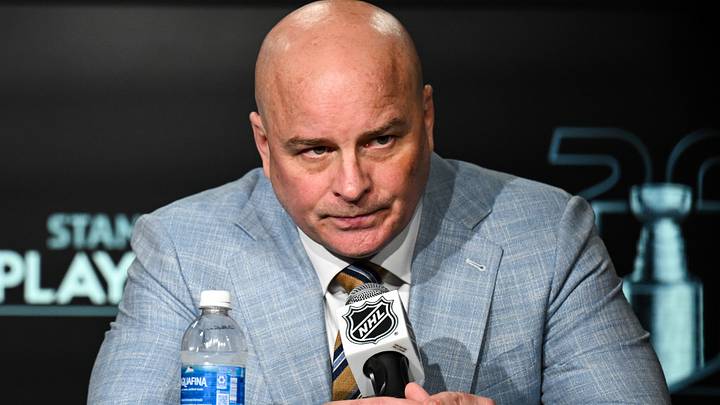 May 2, 2025; St. Louis, Missouri, USA; St. Louis Blues head coach Jim Montgomery speaks to the media following  game six of the first round of the 2025 Stanley Cup Playoffs against the Winnipeg Jets at Enterprise Center. Mandatory Credit: Connor Hamilton-Imagn Images