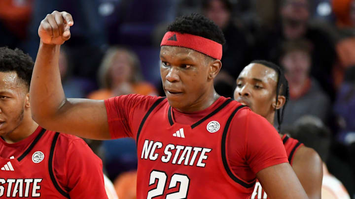 NC State Wolfpack guard Quadir Copeland (11) celebrates after scoring Tuesday, Jan. 20, 2026, during the NCAA men’s basketball game against the Clemson Tigers at Littlejohn Coliseum in Clemson, South Carolina.