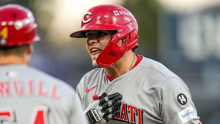 Cincinnati Reds first baseman Sal Stewart (43) celebrates a two-RBI single in the first inning of the MLB National League Wild Card Game 2 between the Los Angeles Dodgers and the Cincinnati Reds at Dodger Stadium in Los Angeles on Wednesday, Oct. 1, 2025. The Reds were eliminated from the postseason with an 8-4 loss to the reining World Series Champions La Dodgers.