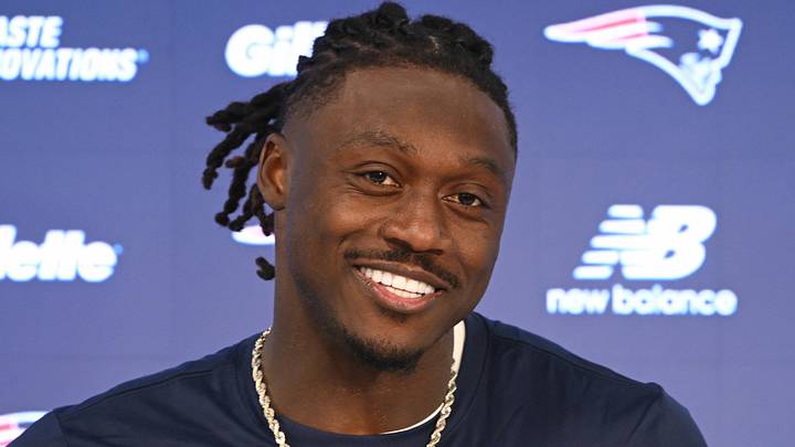 Jun 2, 2026; Foxborough, MA, USA; New England Patriots wide receiver A.J. Brown (1) speaks at a press conference after  practice at the team's OTA at Gillette Stadium. Mandatory Credit: Eric Canha-Imagn Images