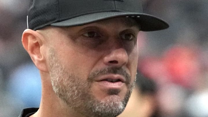 Jan 4, 2026; Paradise, Nevada, USA; Las Vegas Raiders general manager John Spytek reacts during the game against the Kansas City Chiefs at Allegiant Stadium. Mandatory Credit: Kirby Lee-Imagn Images