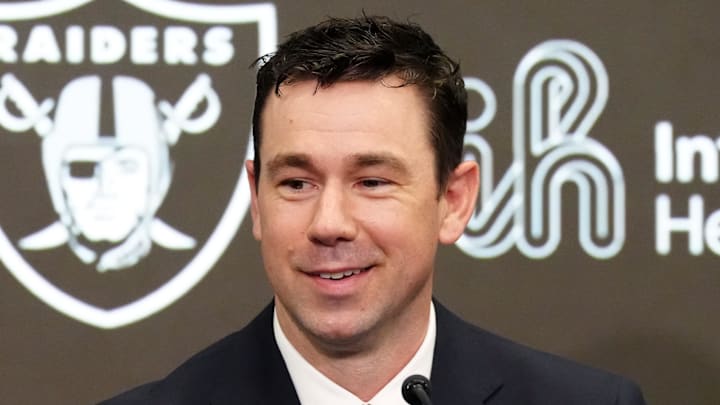 Feb 10, 2026; Henderson, NV, USA; Las Vegas Raiders coach Klint Kubiak speaks at introductory press conference at Intermountain Health Performance Center. Mandatory Credit: Kirby Lee-Imagn Images Feb 10, 2026; Henderson, NV, USA; Las Vegas Raiders coach Klint Kubiak speaks at introductory press conference at Intermountain Health Performance Center. Mandatory Credit: Kirby Lee-Imagn Images