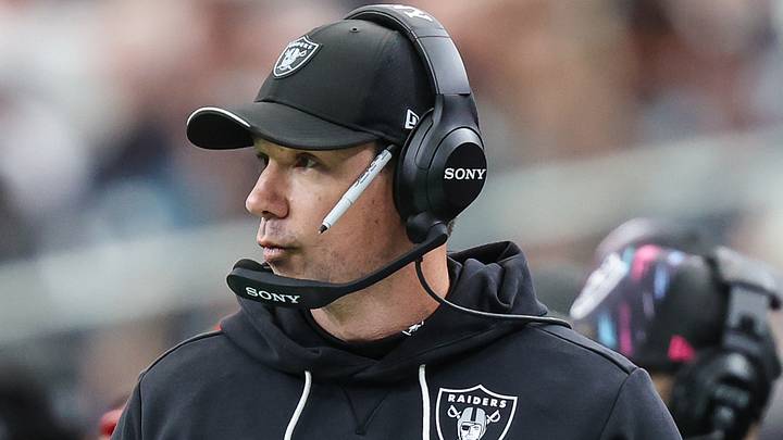 Oct 18, 2026; Paradise, Nevada, USA;  Las Vegas Raiders head coach Klint Kubiak on the sidelines during the game against the Buffalo Bills during the second quarter at Allegiant Stadium.  Mandatory Credit: Christopher Trim-Imagn Images