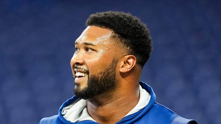 Indianapolis Colts defensive tackle DeForest Buckner looks at the scoreboard