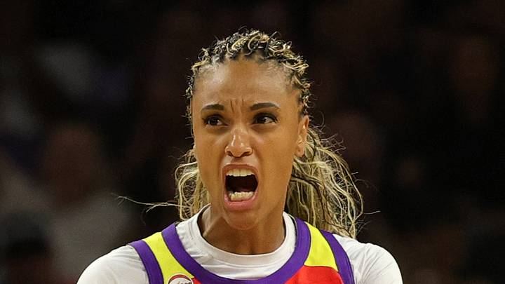 Aug 16, 2026; Phoenix, Arizona, USA; Phoenix Mercury forward DeWanna Bonner (24) celebrates a shot against the Portland Fire in the second half at Mortgage Matchup Center. Mandatory Credit: Mark J. Rebilas-Imagn Images