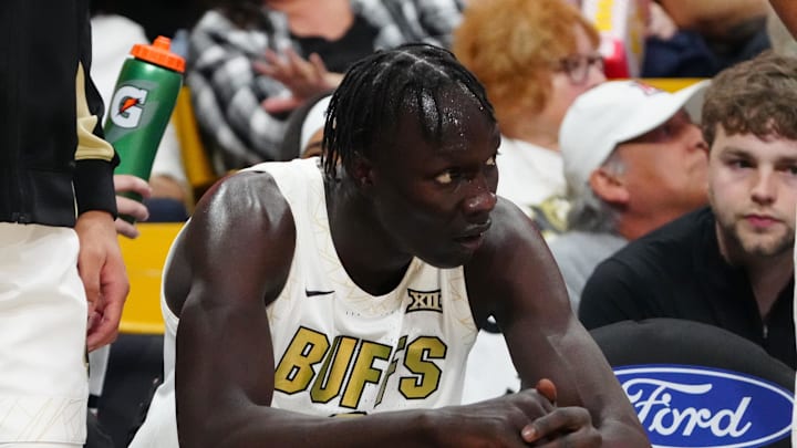 Mar 7, 2026; Boulder, Colorado, USA; Colorado Buffaloes forward Bangot Dak (8) on the bench in the second half against the Arizona Wildcats at the CU Events Center. 