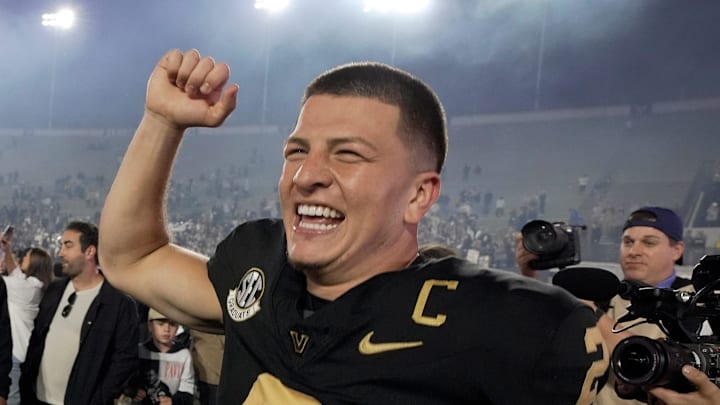 Vanderbilt quarterback Diego Pavia (2) celebrates after the team’s win Kentucky at FirstBank Stadium in Nashville, Tenn., Saturday, Nov. 22, 2025.