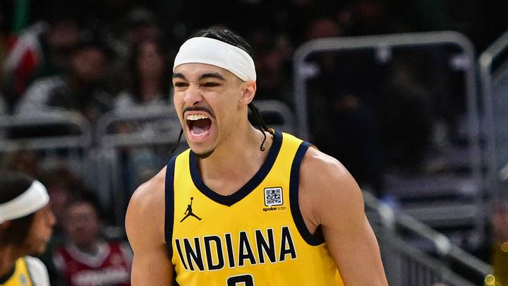 Apr 27, 2025; Milwaukee, Wisconsin, USA; Indiana Pacers guard Andrew Nembhard (2) reacts after scoring a basket in the third quarter against the Milwaukee Bucks during game four of first round for the 2024 NBA Playoffs at Fiserv Forum. Mandatory Credit: Benny Sieu-Imagn Images