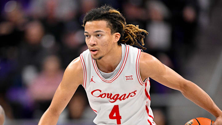 Jan 28, 2026; Fort Worth, Texas, USA; Houston Cougars guard Kingston Flemings (4) brings the ball up court during the game at Ed and Rae Schollmaier Arena.