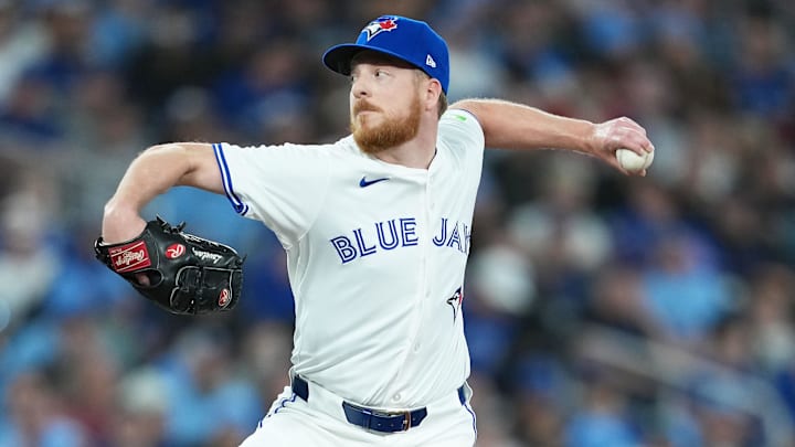 Mar 27, 2025; Toronto, Ontario, CAN; Toronto Blue Jays relief pitcher Richard Lovelady (58) throws a pitch against the Baltimore Orioles during the sixth inning at Rogers Centre.