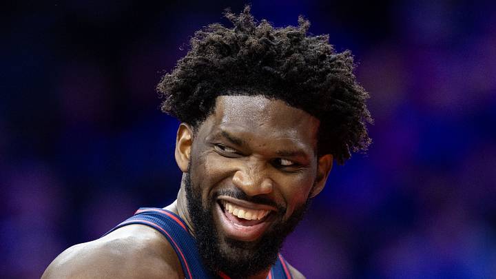 Philadelphia 76ers center Joel Embiid (21) reacts with Cleveland Cavaliers center Jarrett Allen (31) during the third quarter at Wells Fargo Center on November 21, 2023.