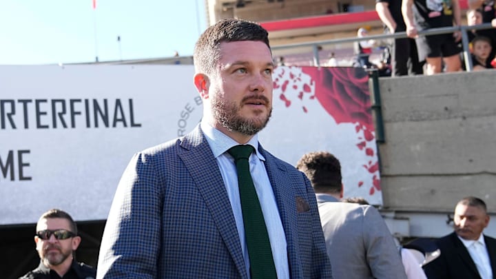 Oregon Ducks head coach Dan Lanning arrives prior to the College Football Playoff quarterfinal against the Ohio State Buckeyes at the Rose Bowl in Pasadena, Calif. on Jan. 1, 2025.