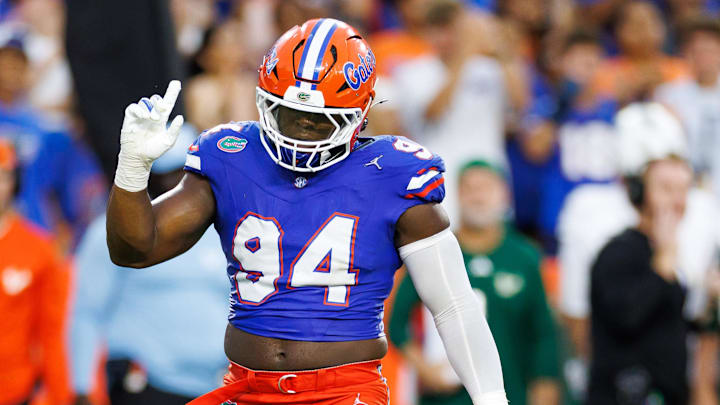 Sep 6, 2025; Gainesville, Florida, USA; Florida Gators defensive end Tyreak Sapp (94) gestures after a tackle against the Florida Gators during the second half at Ben Hill Griffin Stadium. 