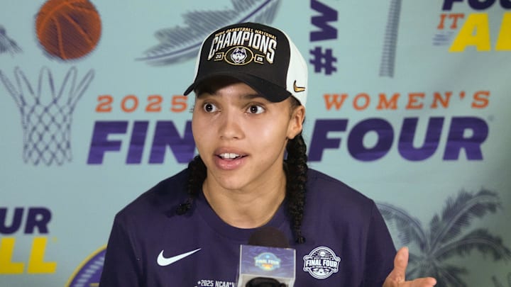 Apr 6, 2025; Tampa, FL, USA; Connecticut Huskies guard Azzi Fudd (35) speaks to the media after the national championship of the women's 2025 NCAA tournament against the South Carolina Gamecocks at Amalie Arena. Mandatory Credit: Kirby Lee-Imagn Images Apr 6, 2025; Tampa, FL, USA; Connecticut Huskies guard Azzi Fudd (35) speaks to the media after the national championship of the women's 2025 NCAA tournament against the South Carolina Gamecocks at Amalie Arena. Mandatory Credit: Kirby Lee-Imagn Images