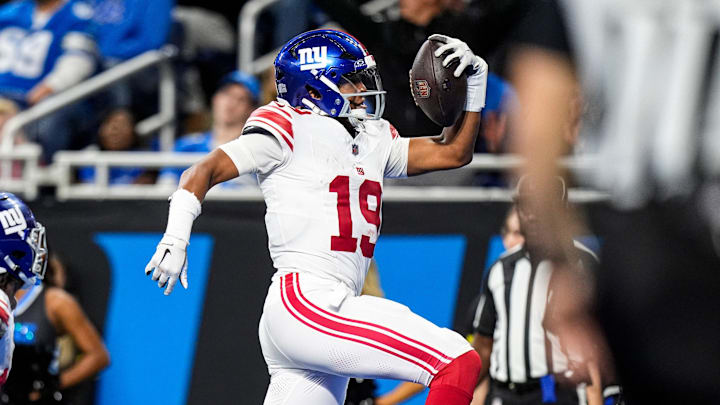 New York Giants quarterback Jameis Winston (19) celebrates a touchdown against Detroit Lions during the second half at Ford Field in Detroit on Sunday, Nov. 23, 2025.