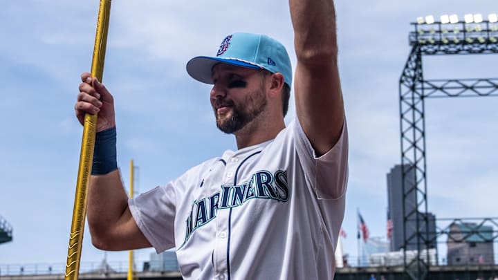 Seattle Mariners designated hitter Cal Raleigh (29) celebrates after a game against the Pittsburgh Pirates at T-Mobile Park on July 4. 