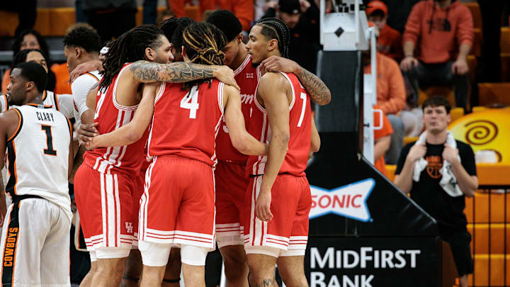 Mar 7, 2026; Stillwater, Oklahoma, USA; Houston Cougars huddle during the first half against the Oklahoma State Cowboys at Gallagher-Iba Arena. Mandatory Credit: William Purnell-Imagn Images