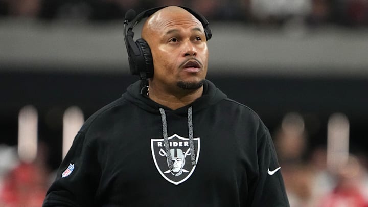 Oct 27, 2024; Paradise, Nevada, USA; Las Vegas Raiders coach Antonio Pierce reacts against the Kansas City Chiefs in the first half at Allegiant Stadium. Mandatory Credit: Kirby Lee-Imagn Images