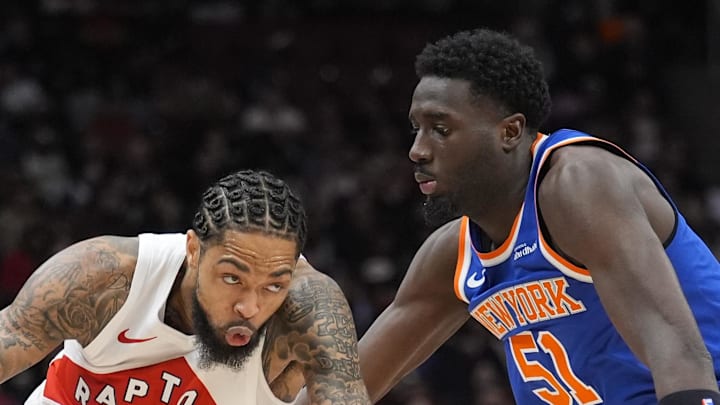 Toronto Raptors forward Brandon Ingram drives to the net against New York Knicks forward Mohamed Diawara. Toronto Raptors forward Brandon Ingram drives to the net against New York Knicks forward Mohamed Diawara.