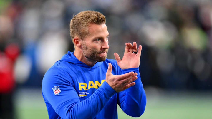 Dec 18, 2025; Seattle, Washington, USA; Los Angeles Rams head coach Sean McVay looks on before the game against the Seattle Seahawks at Lumen Field. Mandatory Credit: Steven Bisig-Imagn Images
