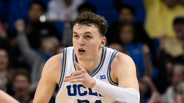 Mar 3, 2026; Los Angeles, California, USA; UCLA Bruins forward Tyler Bilodeau (34) points to teammates after hitting a 3-point jumpshot during the second half at Pauley Pavilion presented by Wescom Financial. Mandatory Credit: Robert Hanashiro-Imagn Images