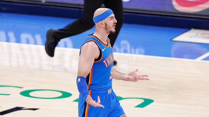 May 18, 2026; Oklahoma City, Oklahoma, USA; Oklahoma City Thunder guard Alex Caruso (9) reacts in the fourth quarter against the San Antonio Spurs during game one of the western conference finals for the 2026 NBA playoffs at Paycom Center. Mandatory Credit: Alonzo Adams-Imagn Images May 18, 2026; Oklahoma City, Oklahoma, USA; Oklahoma City Thunder guard Alex Caruso (9) reacts in the fourth quarter against the San Antonio Spurs during game one of the western conference finals for the 2026 NBA playoffs at Paycom Center. Mandatory Credit: Alonzo Adams-Imagn Images