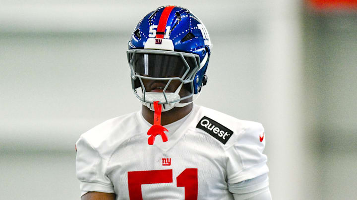 Jun 18, 2025; East Rutherford, NJ, USA; New York Giants linebacker Abdul Carter (51) warms up during minicamp at Quest Diagnostics Training Center. Mandatory Credit: John Jones-Imagn Images
