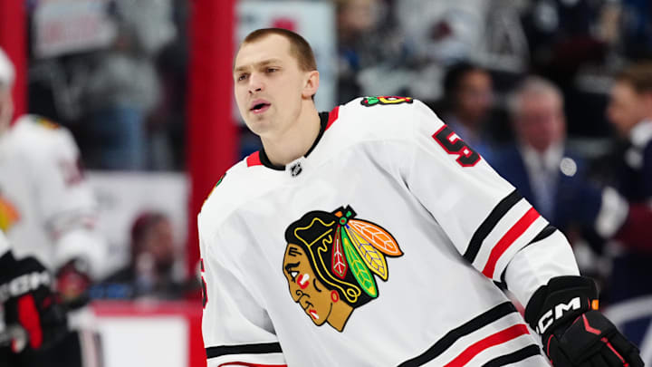 Mar 10, 2025; Denver, Colorado, USA; Chicago Blackhawks defenseman Artyom Levshunov (55) warms up before the game against the Chicago Blackhawks at Ball Arena. Mandatory Credit: Ron Chenoy-Imagn Images