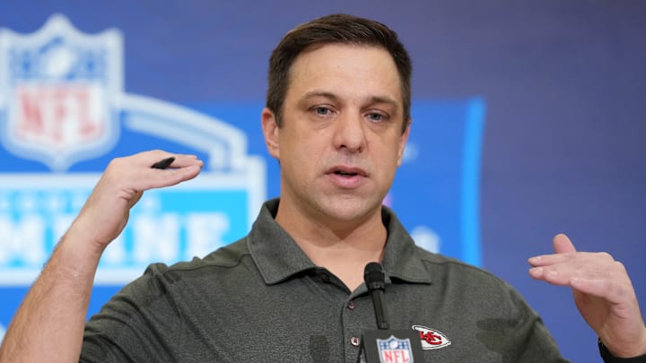Feb 24, 2026; Indianapolis, IN, USA; Kansas City Chiefs general manager Brett Veach speaks at the NFL Scouting Combine at the Indiana Convention Center. Mandatory Credit: Kirby Lee-Imagn Images
