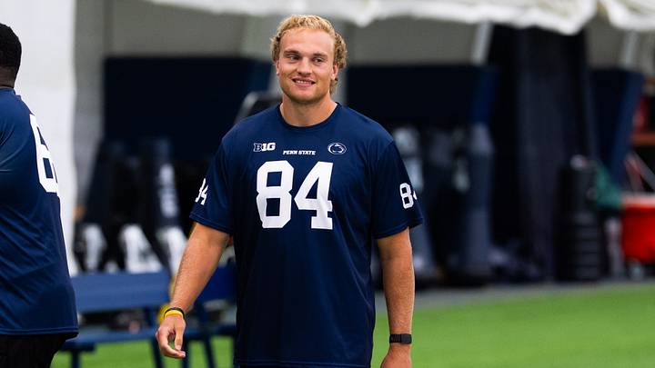Penn State tight end Gabe Burkle (84) arrives in Holuba Hall for football media day, Friday, August 7, 2026, in State College.