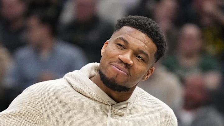 Milwaukee Bucks forward Giannis Antetokounmpo reacts following a play during the second quarter against the Brooklyn Nets at Fiserv Forum on April 10, 2026.
