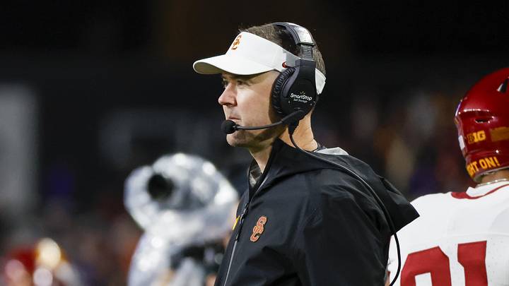 Nov 2, 2024; Seattle, Washington, USA; USC Trojans head coach Lincoln Riley stands on the sideline during the fourth quarter against the Washington Huskies at Alaska Airlines Field at Husky Stadium. Mandatory Credit: Joe Nicholson-Imagn Images Nov 2, 2024; Seattle, Washington, USA; USC Trojans head coach Lincoln Riley stands on the sideline during the fourth quarter against the Washington Huskies at Alaska Airlines Field at Husky Stadium. Mandatory Credit: Joe Nicholson-Imagn Images