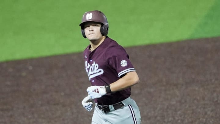 Mississippi State's Hunter Hines (44) runs to the dugout between innings during the game between Mississippi State and the University of Memphis at FedExPark in Memphis, Tenn., on Tuesday, April 1, 2025. Mississippi State's Hunter Hines (44) runs to the dugout between innings during the game between Mississippi State and the University of Memphis at FedExPark in Memphis, Tenn., on Tuesday, April 1, 2025.