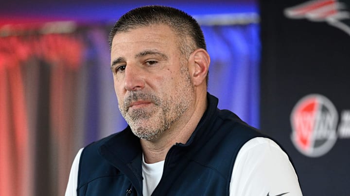 Mar 13, 2025; Foxborough, MA, USA; New England Patriots head coach Mike Vrabel discusses the teamís recent free agent additions with the media at Gillette Stadium. Mandatory Credit: Eric Canha-Imagn Images