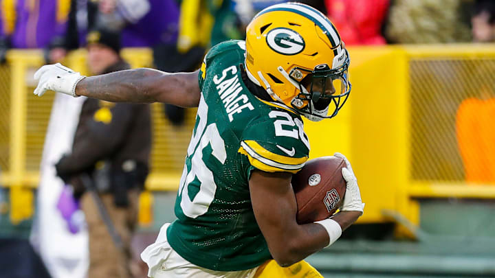 Green Bay Packers safety Darnell Savage (26) scores a touchdown on an interception return against the Minnesota Vikings on Sunday, January 1, 2023, at Lambeau Field in Green Bay, Wis. 