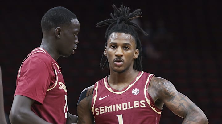 Nov 9, 2024; Houston, Texas, USA; Florida State Seminoles guard Jamir Watkins (1) reacts after a foul is called during the first half against the Rice Owls at Toyota Center. Mandatory Credit: Troy Taormina-Imagn Images Nov 9, 2024; Houston, Texas, USA; Florida State Seminoles guard Jamir Watkins (1) reacts after a foul is called during the first half against the Rice Owls at Toyota Center. Mandatory Credit: Troy Taormina-Imagn Images