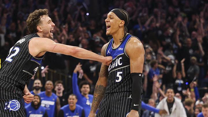 Apr 25, 2026; Orlando, Florida, USA; Orlando Magic forward Franz Wagner (22) reacts to a shot by forward Paolo Banchero (5) against the Detroit Pistons in the fourth quarter during game three of the first round of the 2026 NBA Playoffs at Kia Center. Mandatory Credit: Nathan Ray Seebeck-Imagn Images