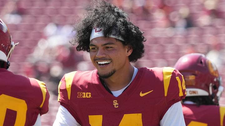 Aug 29, 2026; Los Angeles, California, USA; Southern California Trojans quarterback Jayden Maiava (14) and linebacker Taylor Johnson (50) react in the second half against the San Jose State Spartans at United Airlines Field at Los Angeles Memorial Coliseum. Mandatory Credit: Kirby Lee-Imagn Images Aug 29, 2026; Los Angeles, California, USA; Southern California Trojans quarterback Jayden Maiava (14) and linebacker Taylor Johnson (50) react in the second half against the San Jose State Spartans at United Airlines Field at Los Angeles Memorial Coliseum. Mandatory Credit: Kirby Lee-Imagn Images