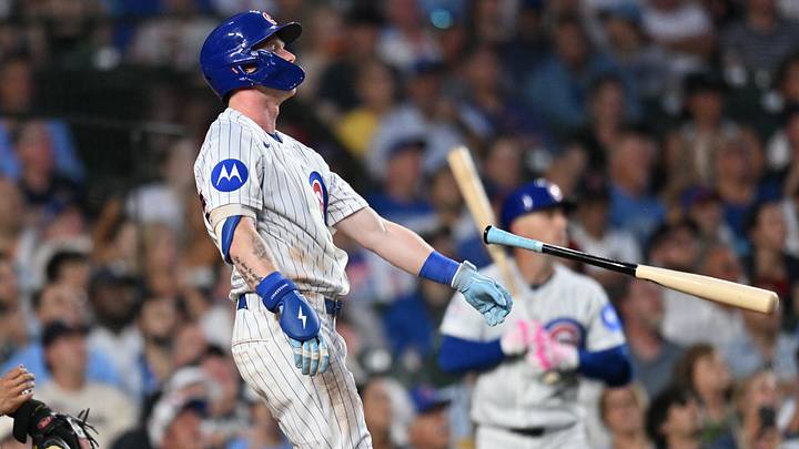 Jun 29, 2026; Chicago, Illinois, USA; Chicago Cubs center fielder Pete Crow-Armstrong (4) reacts after flying out against the San Diego Padres during the fifth inning at Wrigley Field. Mandatory Credit: Patrick Gorski-Imagn Images
