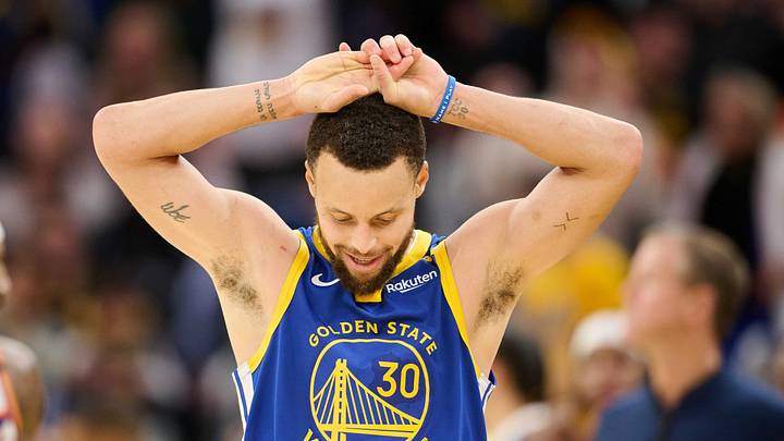 San Francisco, California, USA; Golden State Warriors guard Stephen Curry (30) reacts to a missed three point shot against the Phoenix Suns during the fourth quarter at Chase Center. Mandatory Credit: Robert Edwards-Imagn Images
