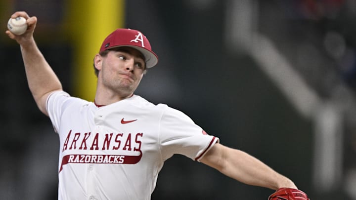 Feb 23, 2025; Arlington, TX, USA; The Michigan Wolverines play the Arkansas Razorbacks during the Amegy Bank College Baseball Series presented by Kubota Weekend 2 at Globe Life Field. Mandatory Credit: Jerome Miron-Imagn Images